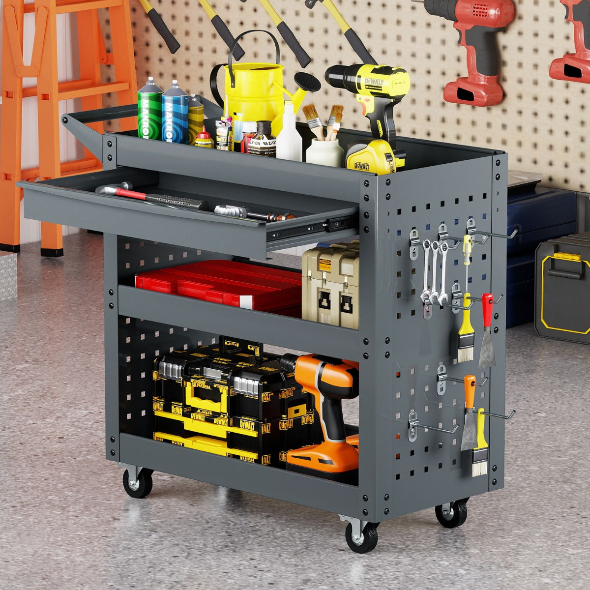 Grey tool organizer trolley filled with tools and supplies