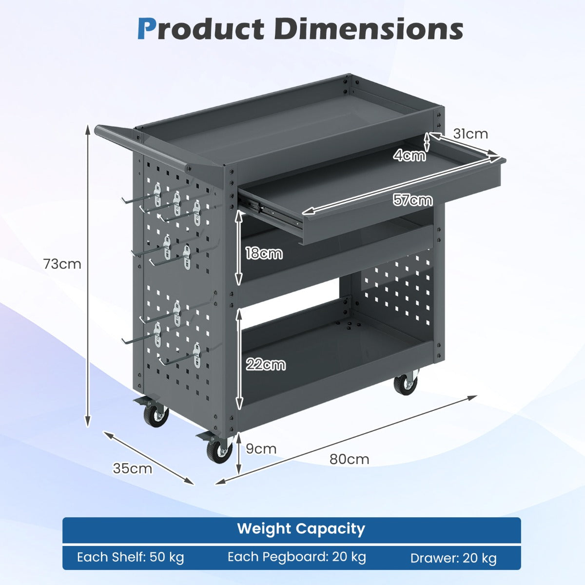 Product dimensions diagram for the grey tool organizer trolley