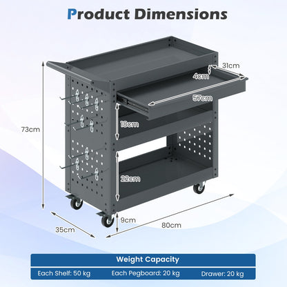 Product dimensions diagram for the grey tool organizer trolley