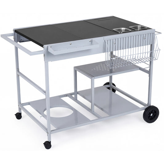 Metal Rolling Food Prep Cart with a black top, side mesh panel and storage shelves on wheels