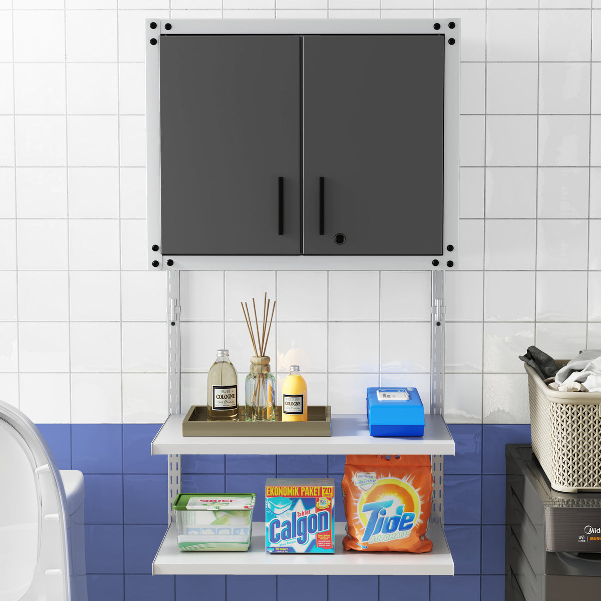 The storage unit installed on a tiled wall holding laundry detergents and bathroom items