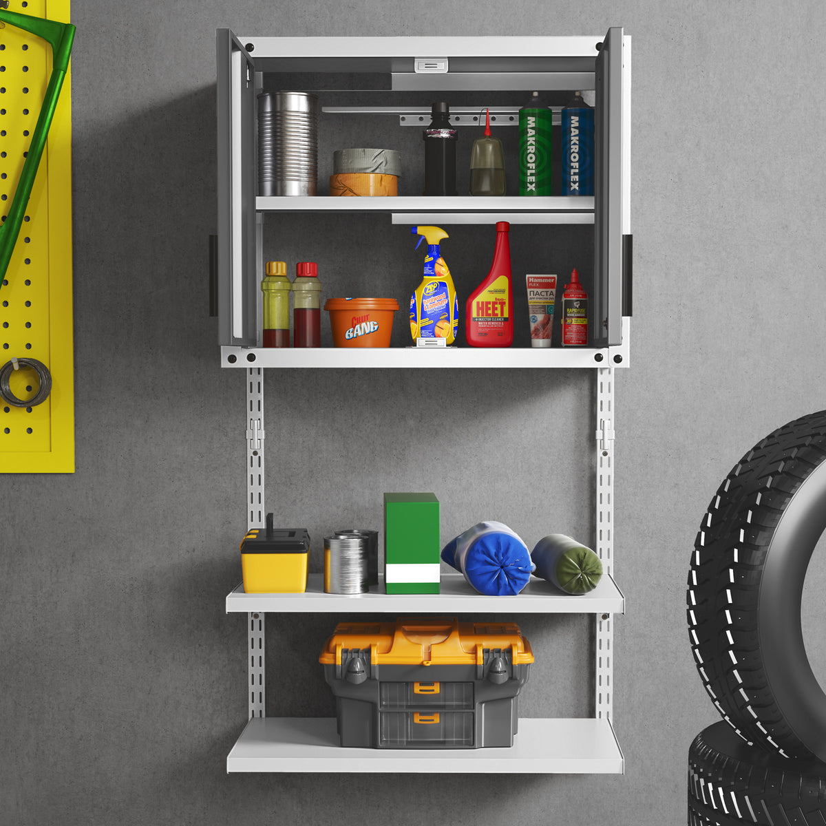 The wall cabinet mounted on a grey wall filled with various household and garage supplies