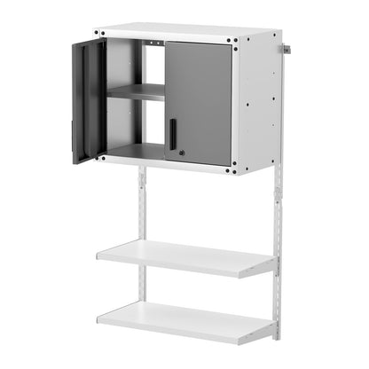 Metal Wall Cabinet with Lock and 3 Adjustable Shelves with one door open on a white background