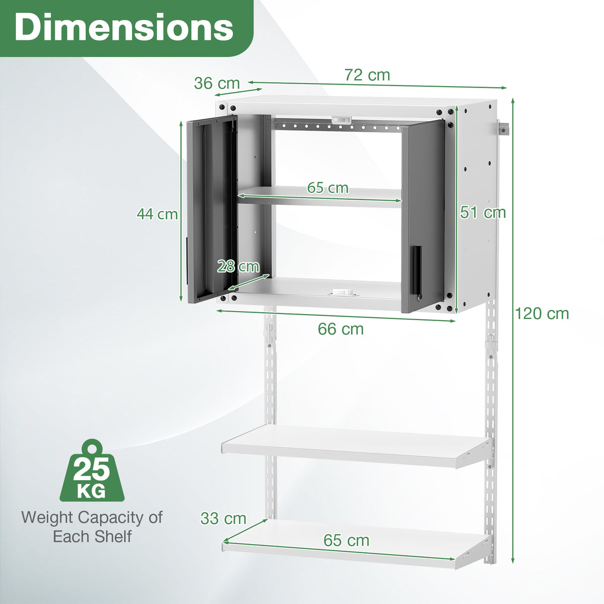 The wall storage system showing all external and internal dimensions with green arrows