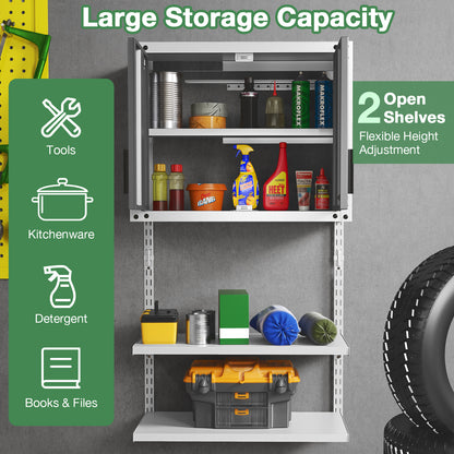 The wall unit featuring a list of storage uses including tools and kitchenware items