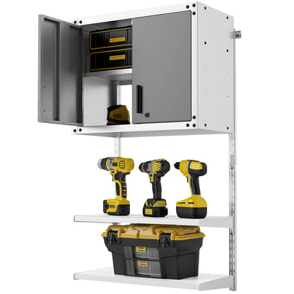 The metal cabinet and open shelves storing power tools and a plastic tool box