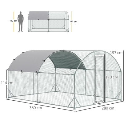 حظيرة دجاج مجلفنة من PawHut Walk In Chicken Run، قفص دواجن، حظيرة لعب للحيوانات الأليفة، حديقة مع غطاء مقاوم للماء، 2.8 × 3.8 × 2 متر