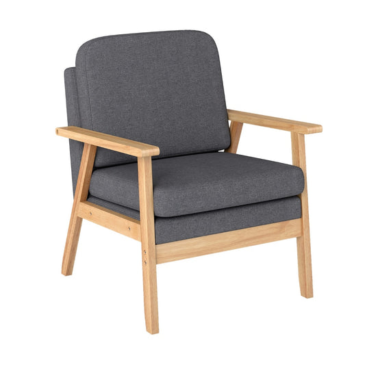 Mid-Century Accent Chair with Solid Wood Frame in grey fabric with a light wooden frame