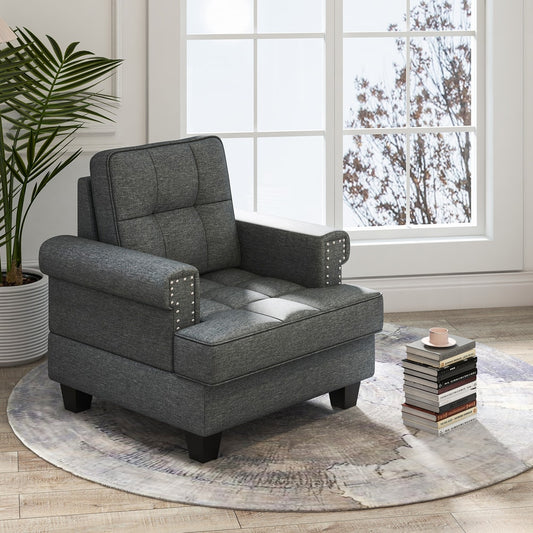 Accent chair in a bright room with a window and books