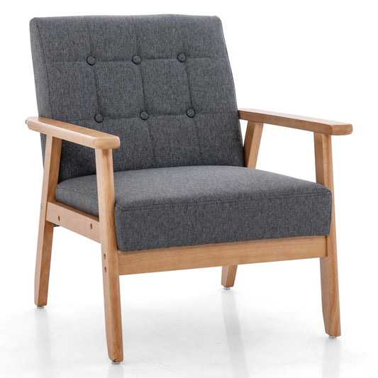 Mid-century Modern Accent Chair with Breathable Linen Cloth in grey fabric with wooden frame