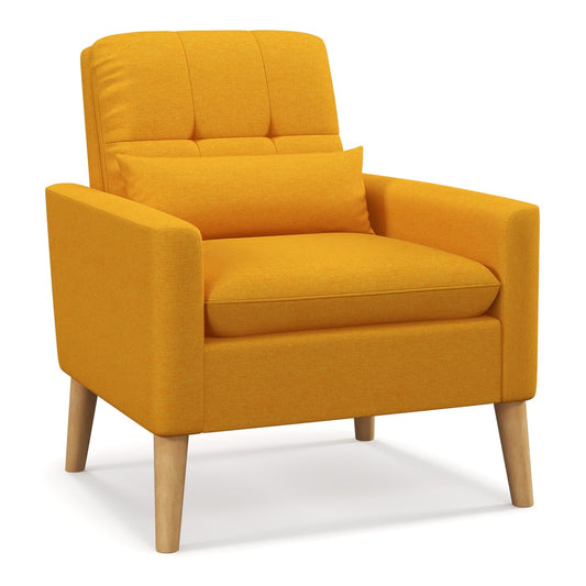 Mid-century Modern Accent Chair with Lumbar Pillow in yellow fabric, shown from the front three-quarter view