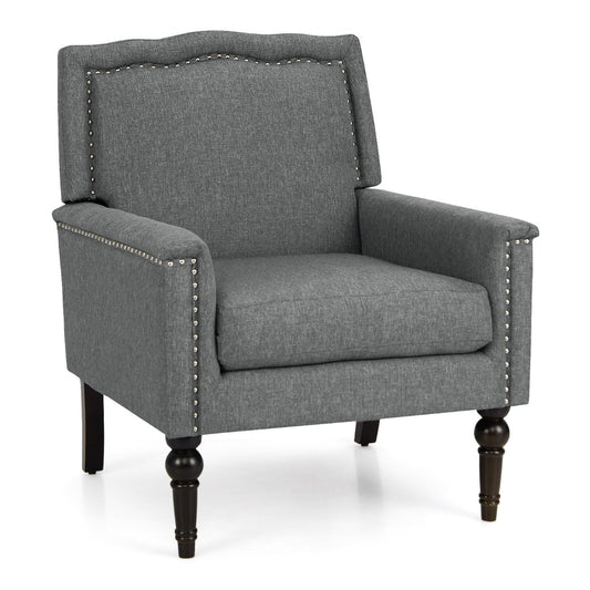 Mid-century Modern Armchair in grey fabric with dark wooden legs and decorative nailhead trim