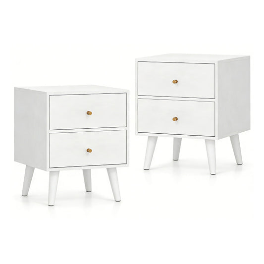 Mid Century Modern Bedside Table with storage and raised support legs in white, set of two