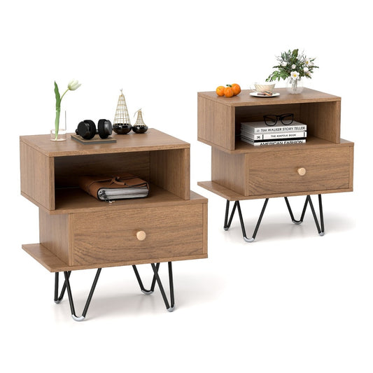Mid Century Modern End Tables Set of 2 with removable drawer in natural wood finish