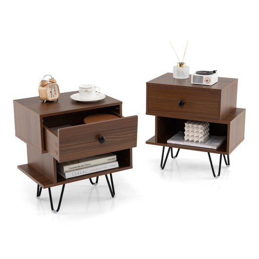 Mid Century Modern End Tables Set of 2 with removable drawer in walnut finish