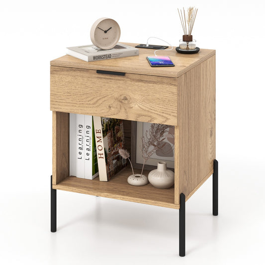 Mid Century Modern Nightstand with a drawer and open shelf on black metal legs