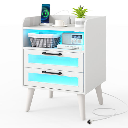 Mid Century Nightstand Modern Bedside Table with Charging Station, a white two-drawer nightstand with a charging station on