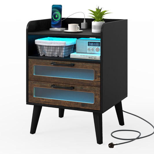 Mid Century Nightstand Modern Bedside Table with Charging Station in black with blue LED lighting