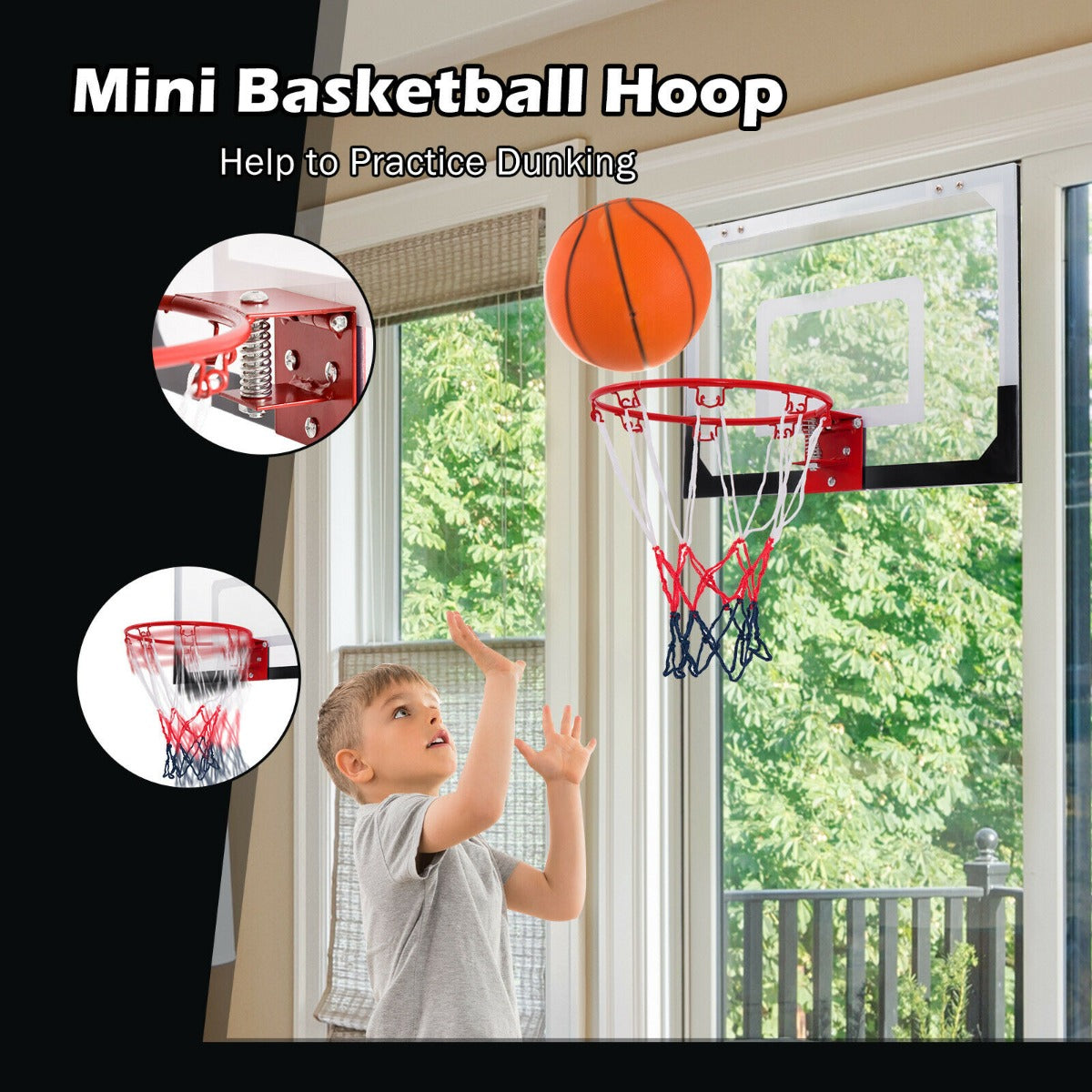 A young boy looking up at the sport equipment, ready to play basketball
