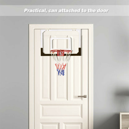 The mini basketball hoop with shatterproof backboard mounted on a white door
