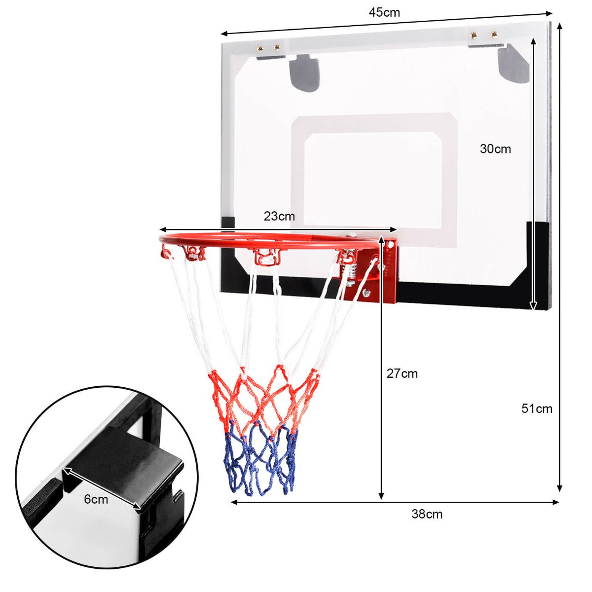 The sport equipment with dimensions shown for the backboard and hoop