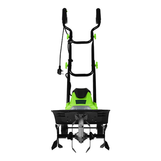 Mini Cultivator with Foldable Handle and Adjustable Wheels, a green electric tiller with black handles and wheels