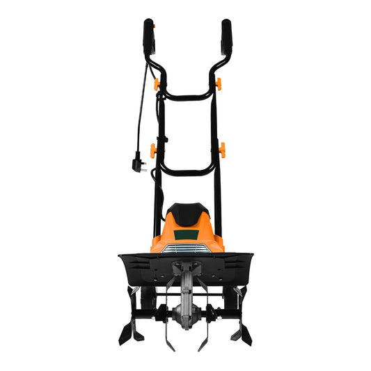 Mini Cultivator with Foldable Handle and Adjustable Wheels, an orange and black electric tiller with a cord