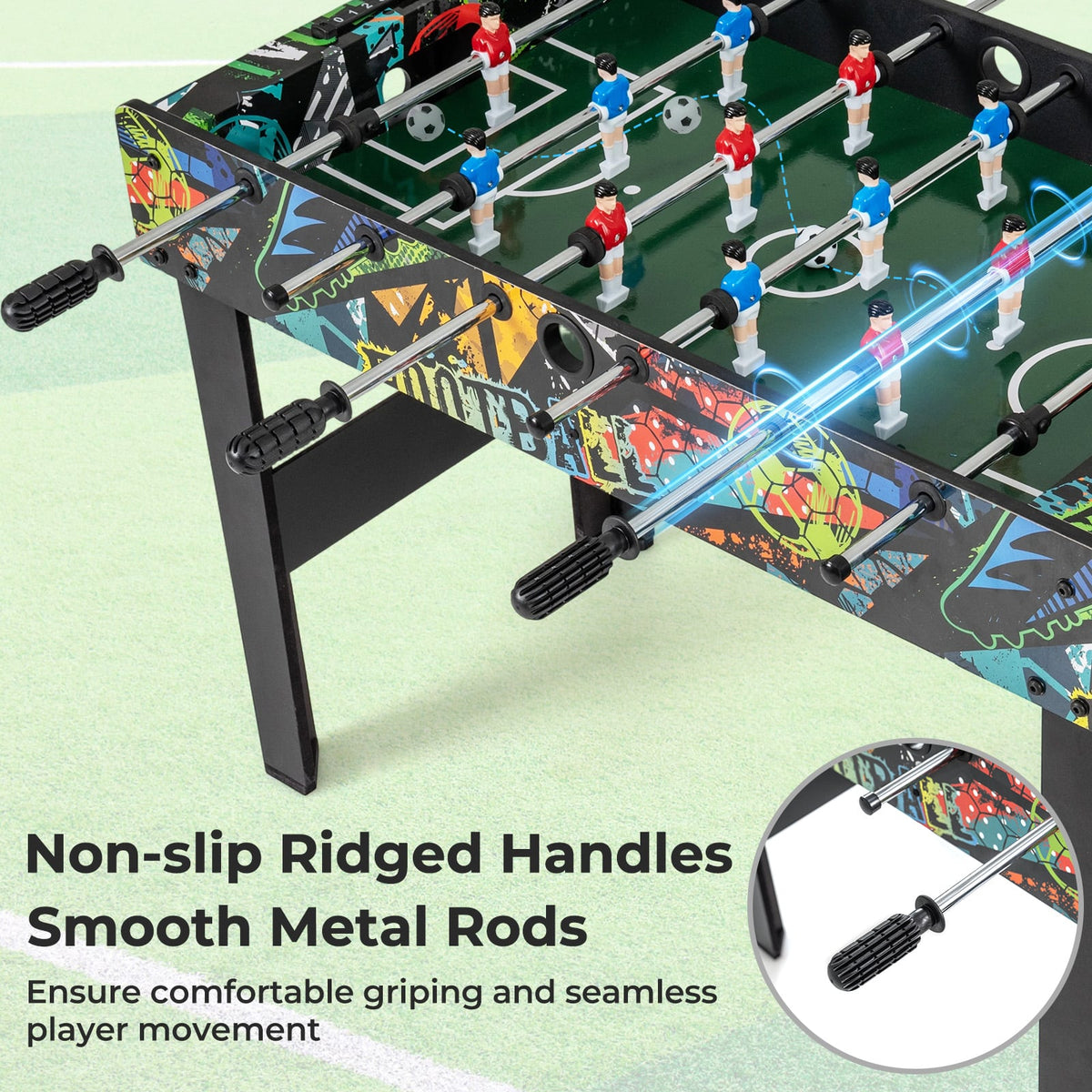 Close up of the game room table showing the textured handles and metal playing rods