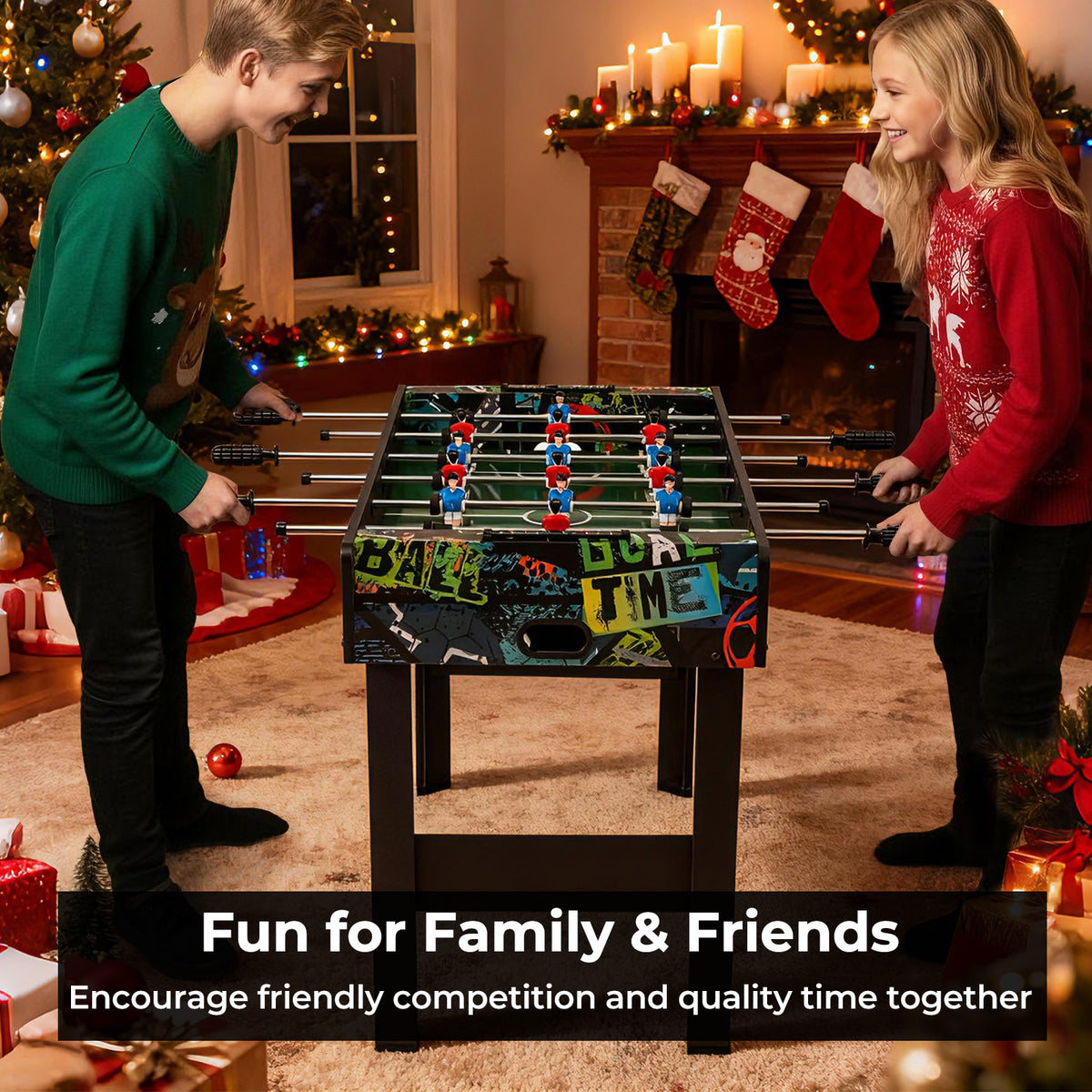 Two people playing the game room table in a festive living room setting near a fireplace