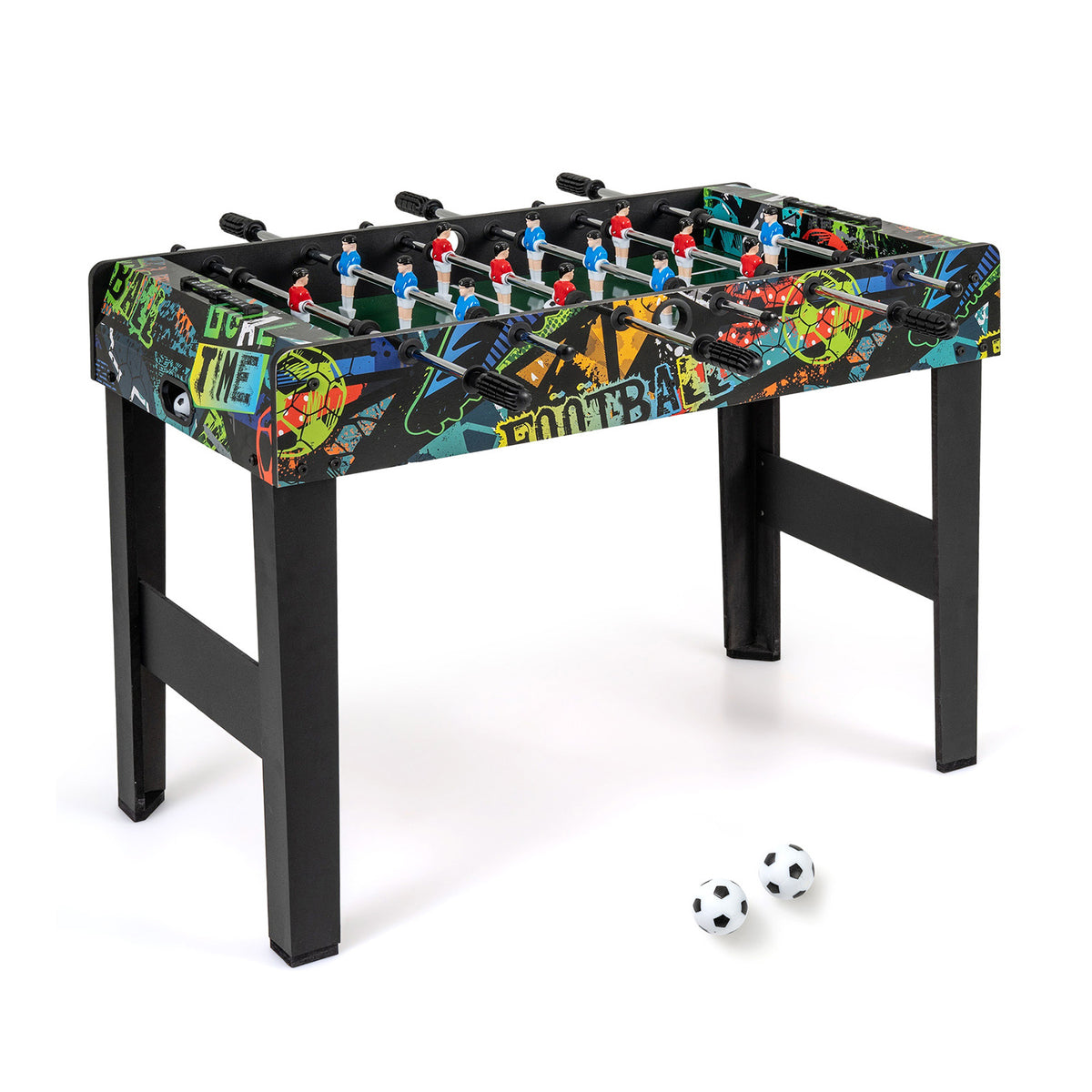 Mini Foosball Table with black legs and colourful graffiti style side panels on a white background