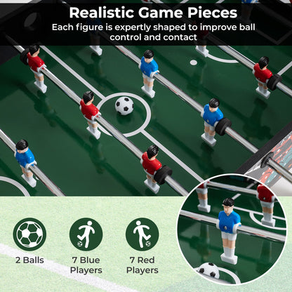 The game room table surface with red and blue player figures and two balls shown below