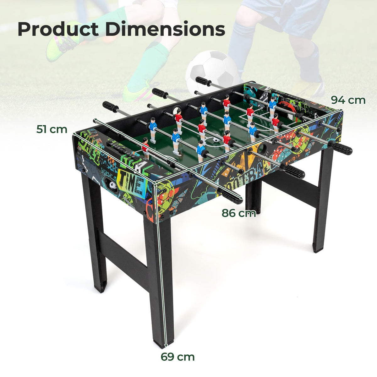 The game room table with overlay lines and text showing the dimensions of the unit