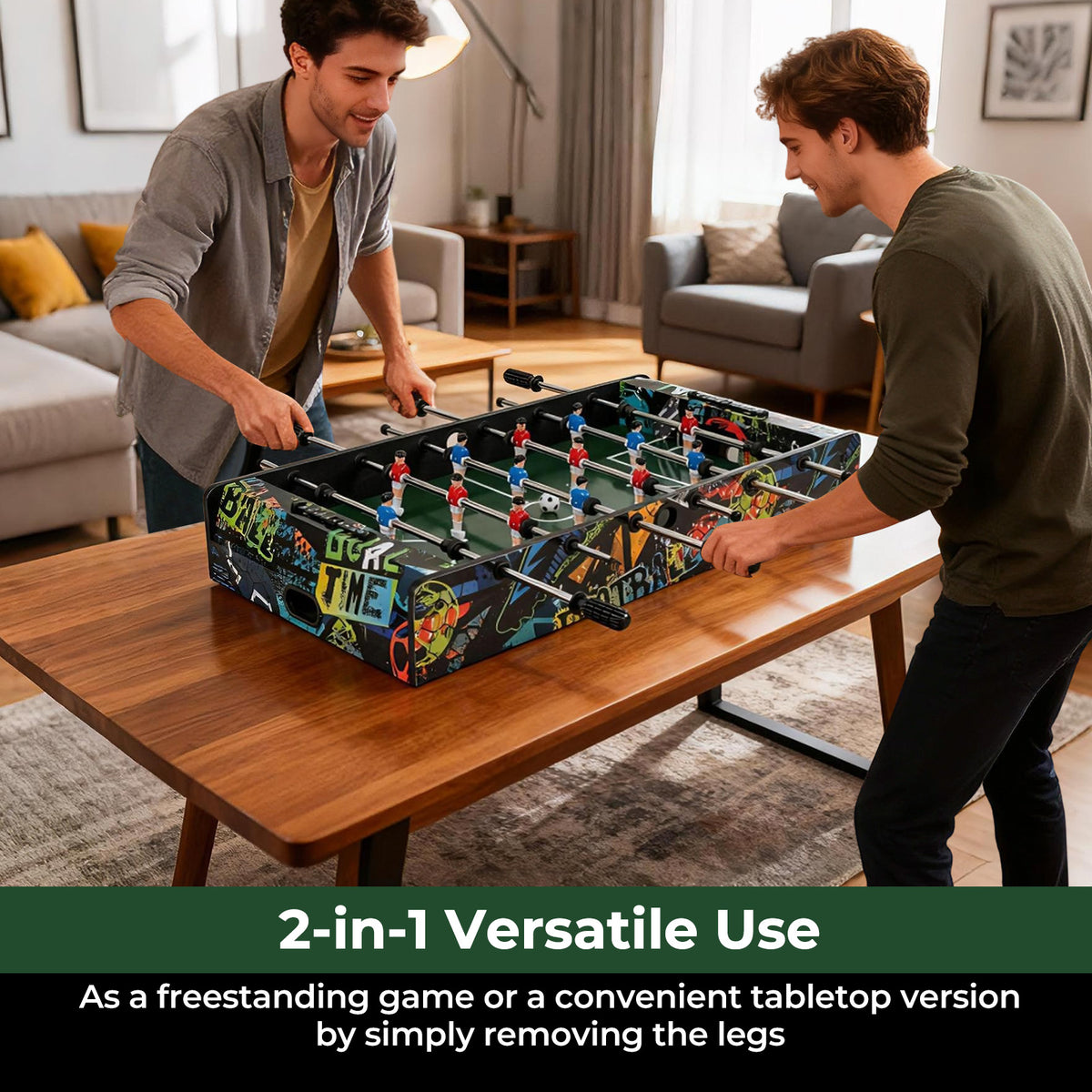 Two men playing the game room table placed on a wooden dining table in a modern living room