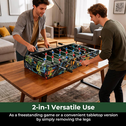 Two men playing the game room table placed on a wooden dining table in a modern living room