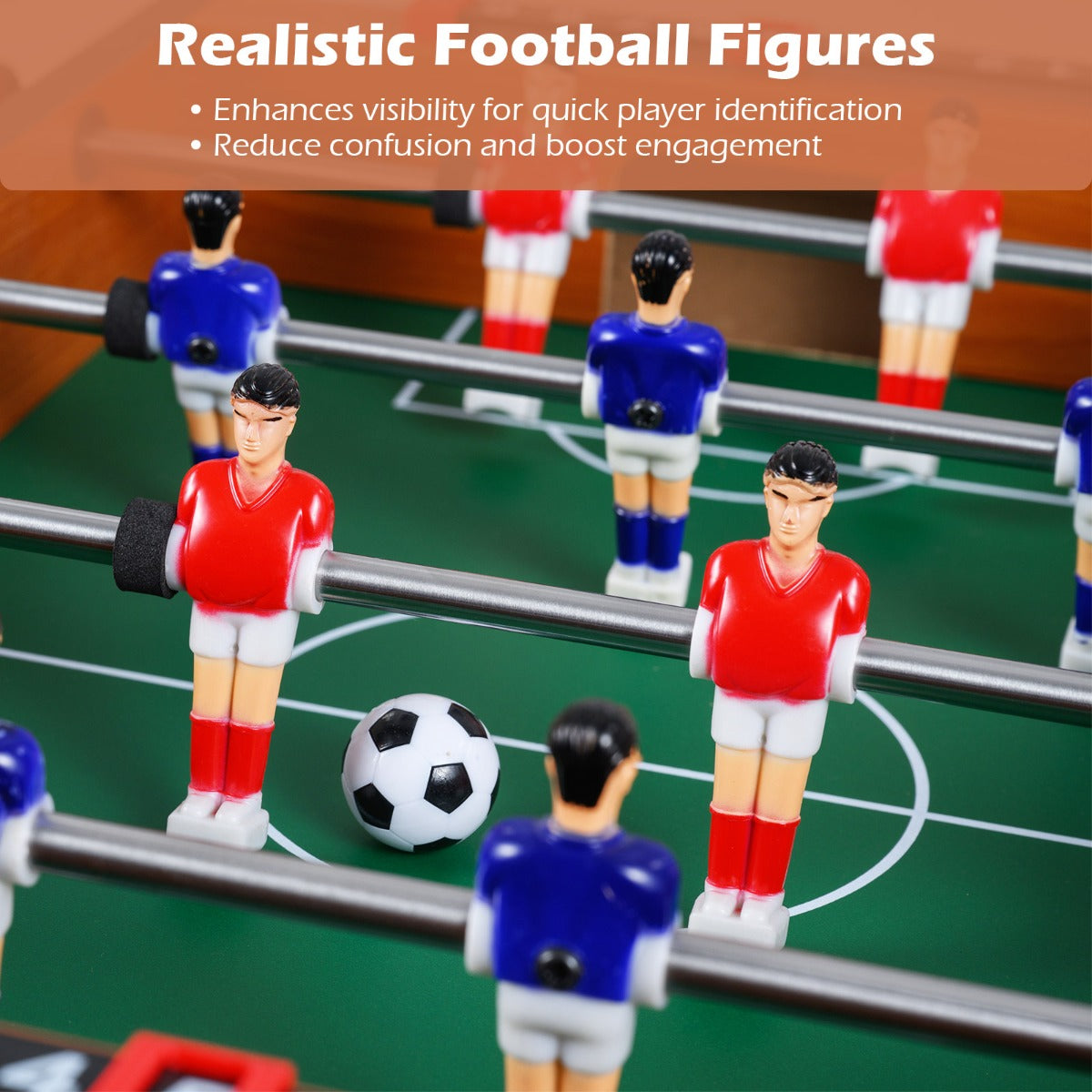 The game room table close up showing the red and blue figures and a soccer ball