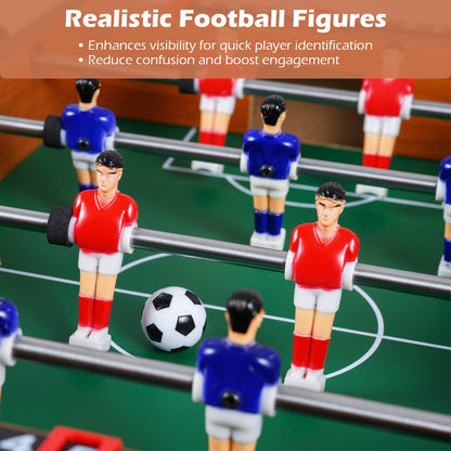The game room table close up showing the red and blue figures and a soccer ball