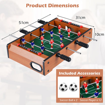 The game room table with labels showing dimensions and included soccer balls and players