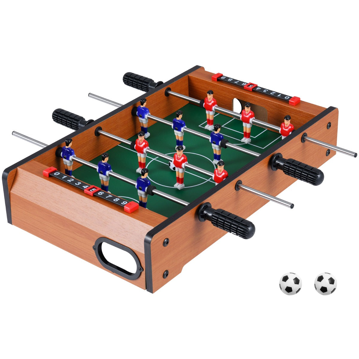 The game room table shown with two small soccer balls placed in front of it