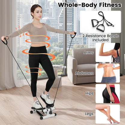 Woman demonstrating whole-body fitness with the portable stepper and bands