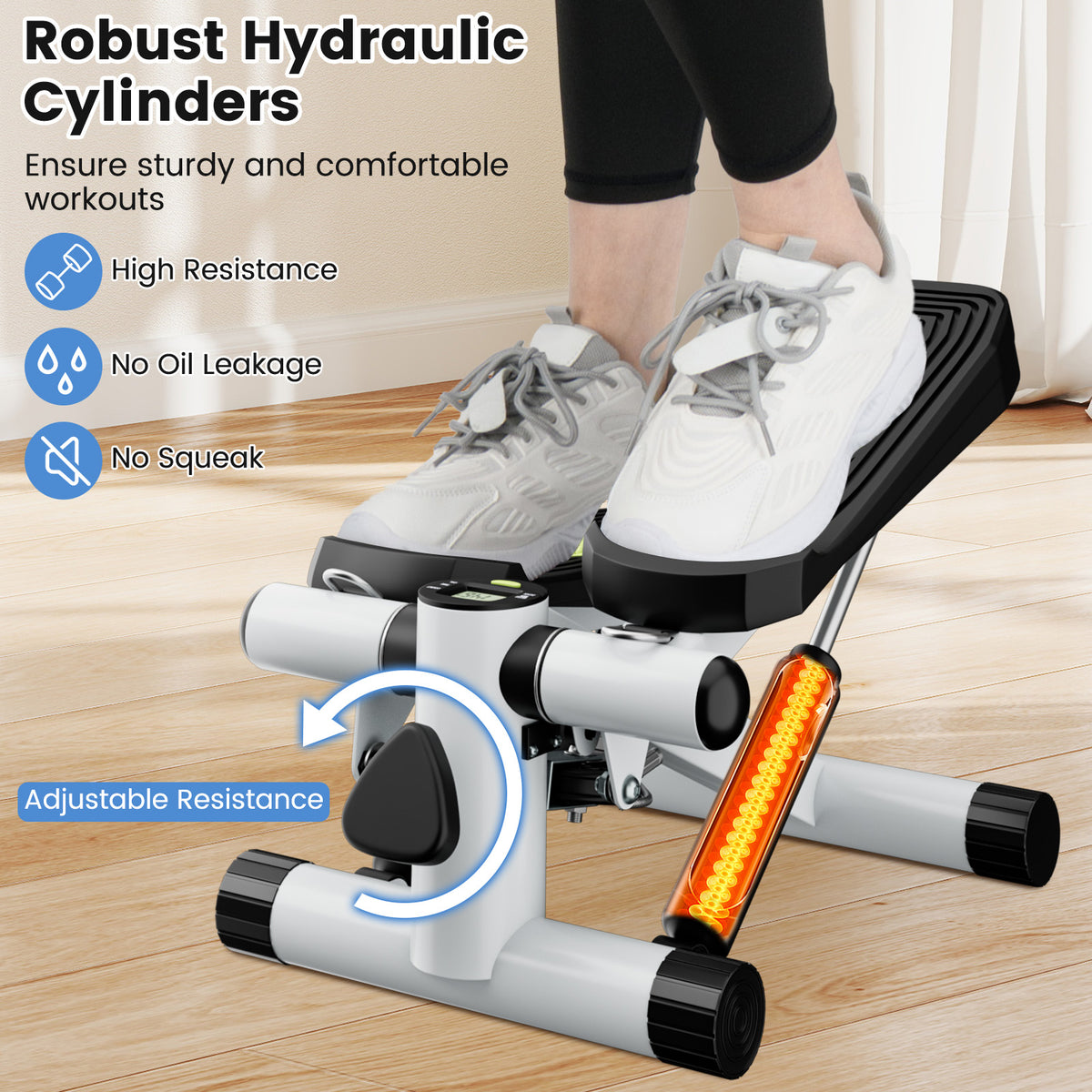 Close up of the robust hydraulic cylinders on the exercise machine