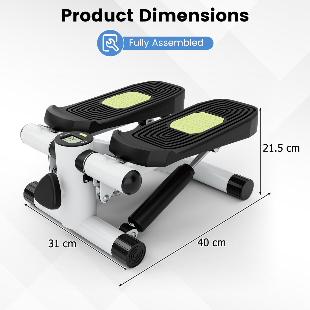 Compact white hydraulic stepper with dimensions labelled