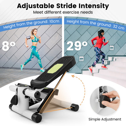 This white mini stepper shows adjustable stride intensity with two height settings