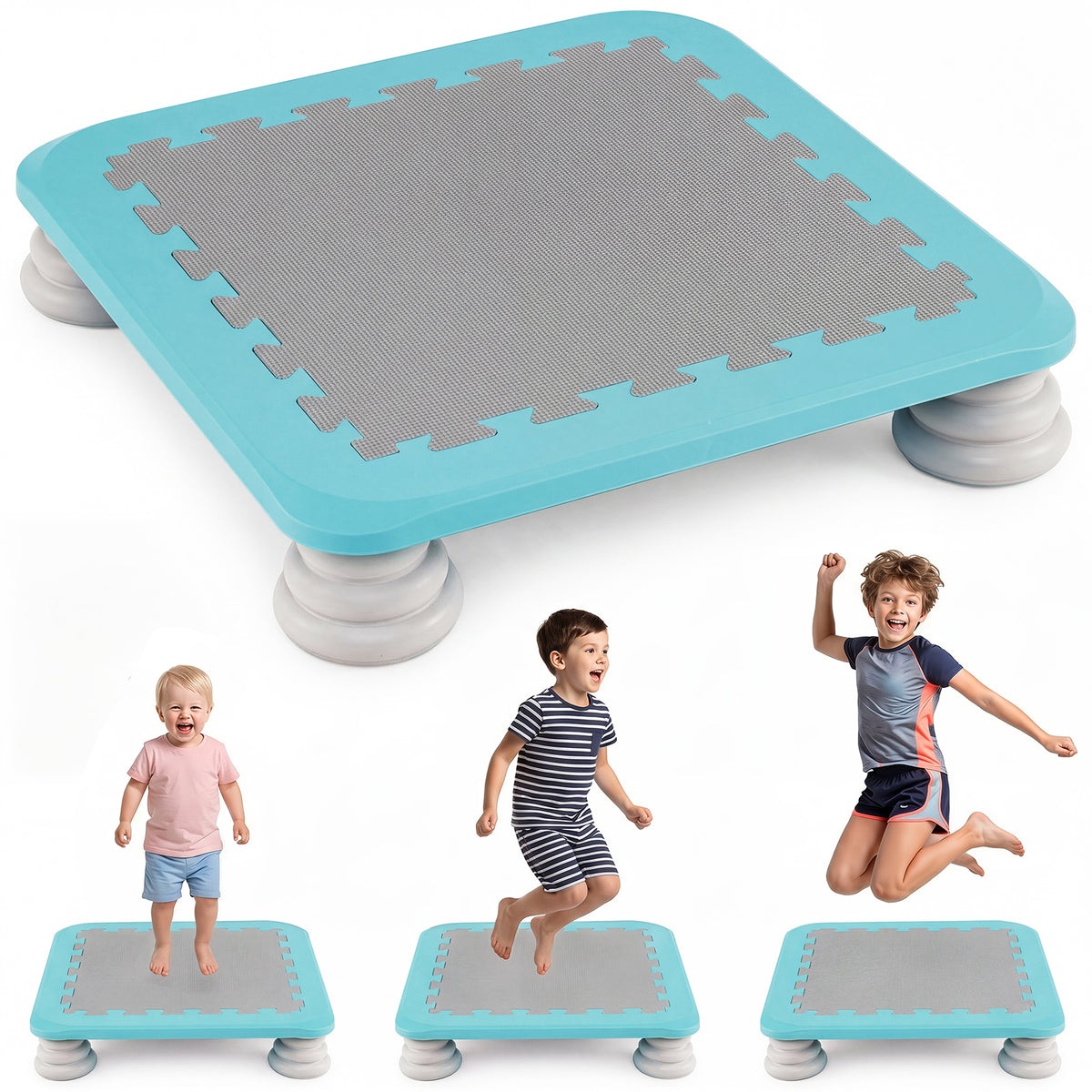 Mini trampoline for kids, a blue square trampoline with grey mat and white legs