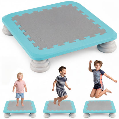 Mini trampoline for kids, a blue square trampoline with grey mat and white legs