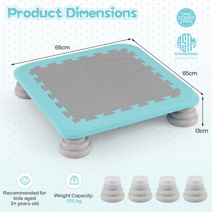 Product dimensions diagram showing the blue square trampoline with measurements and weight capacity