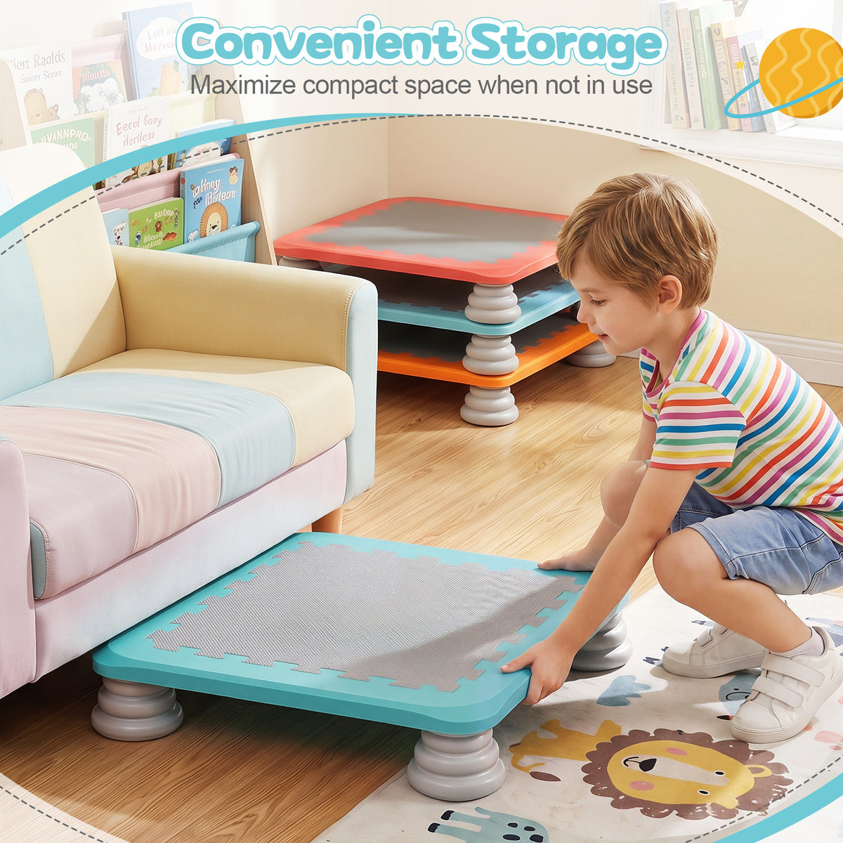 A child stores the blue square trampoline neatly away to conveniently save compact space