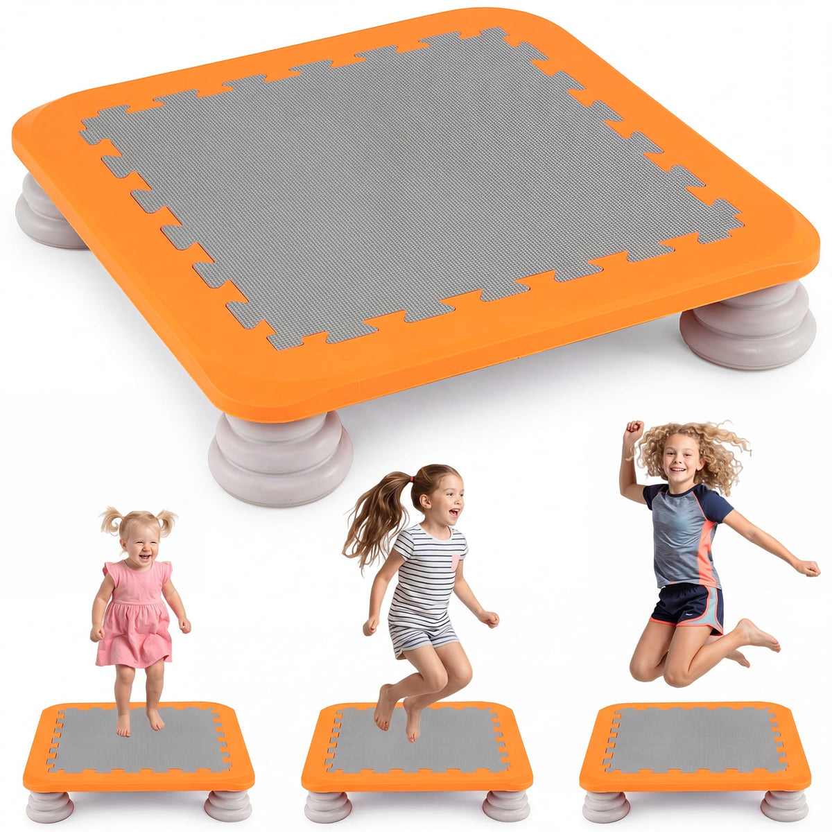 Mini Trampoline with a grey jumping surface and orange frame shown with three children jumping