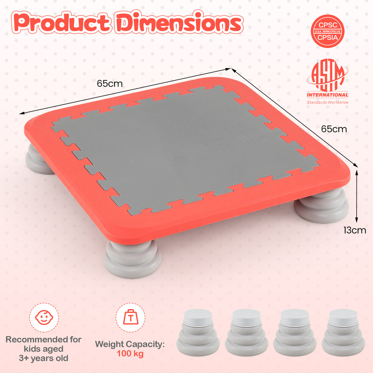 The red kids trampoline shown with its dimensions and weight capacity