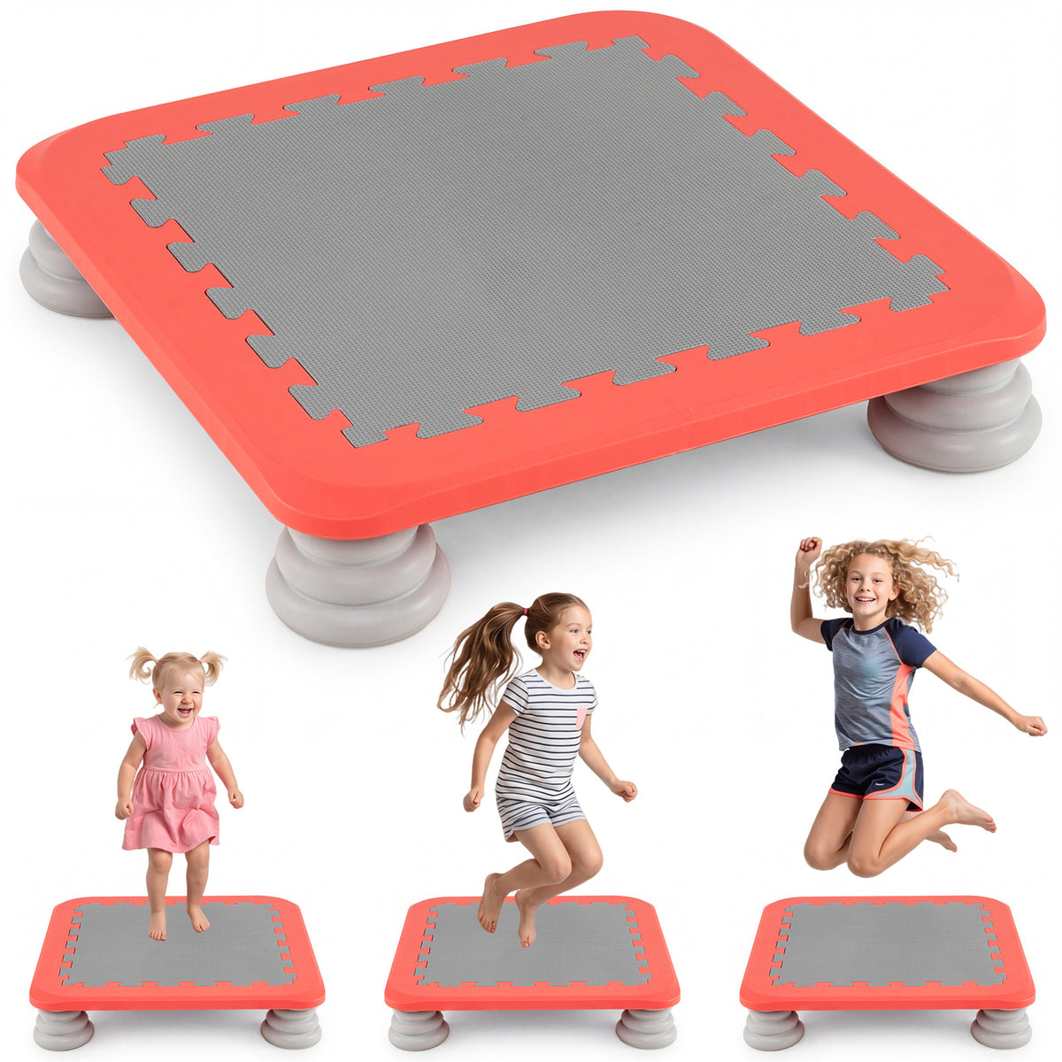 Mini Trampoline for kids in red with grey padded mat and white legs
