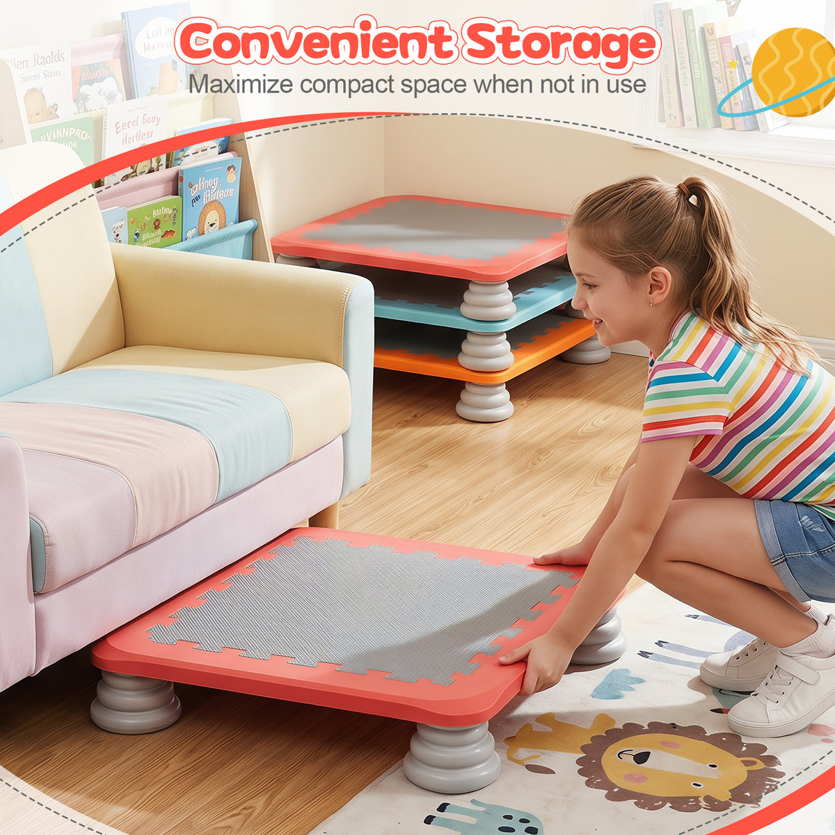 Red mini trampolines stacked neatly for compact storage